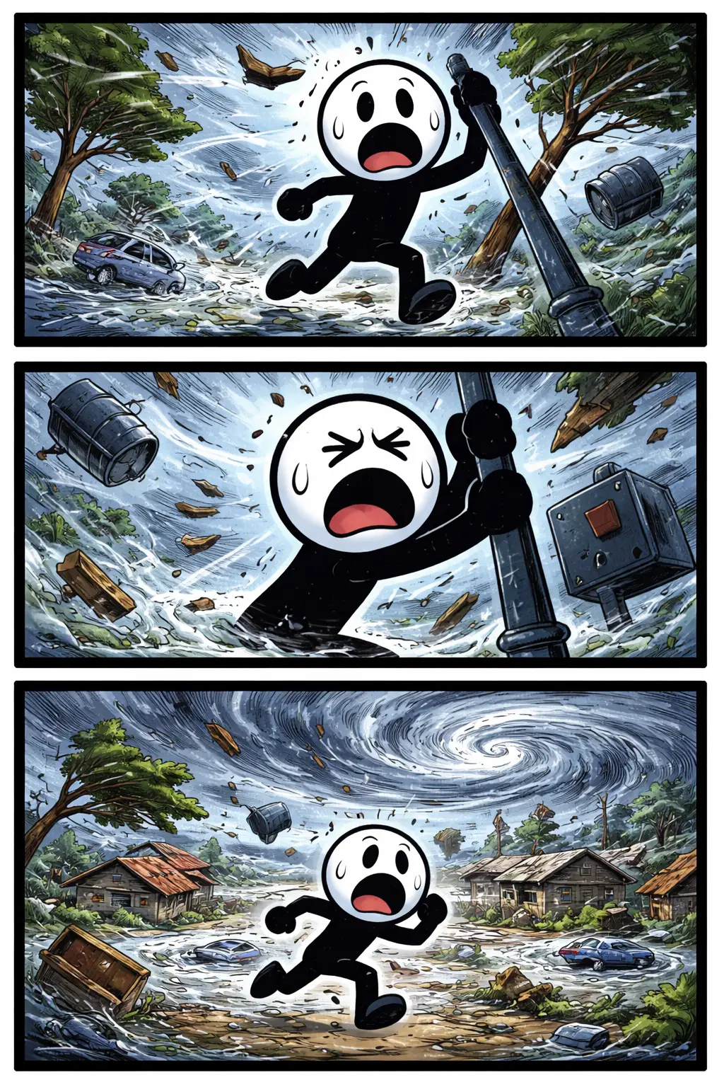 Stripafbeelding van een cycloon met een stickman in Toonwords-stijl, die positief kijkt terwijl een draaikolk van lucht zichtbaar is.