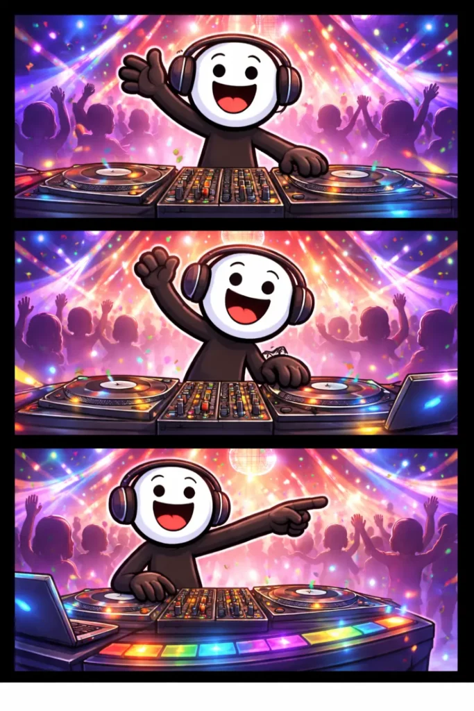 Stickman in Toonwords-stijl achter een dj-set met koptelefoon, kleurrijke lichten en dansende mensen, passend bij het woord DJ.