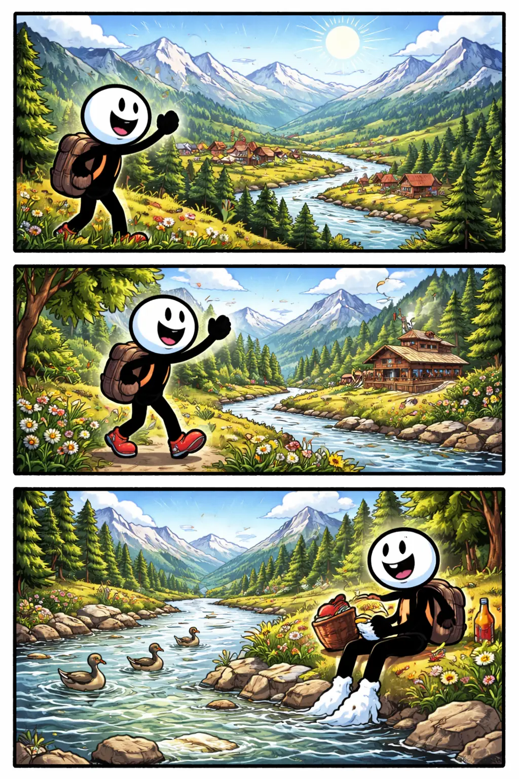 Stripafbeelding van een stickman in Toonwords-stijl in een dal tussen bergen, in kleur, zonder tekst.