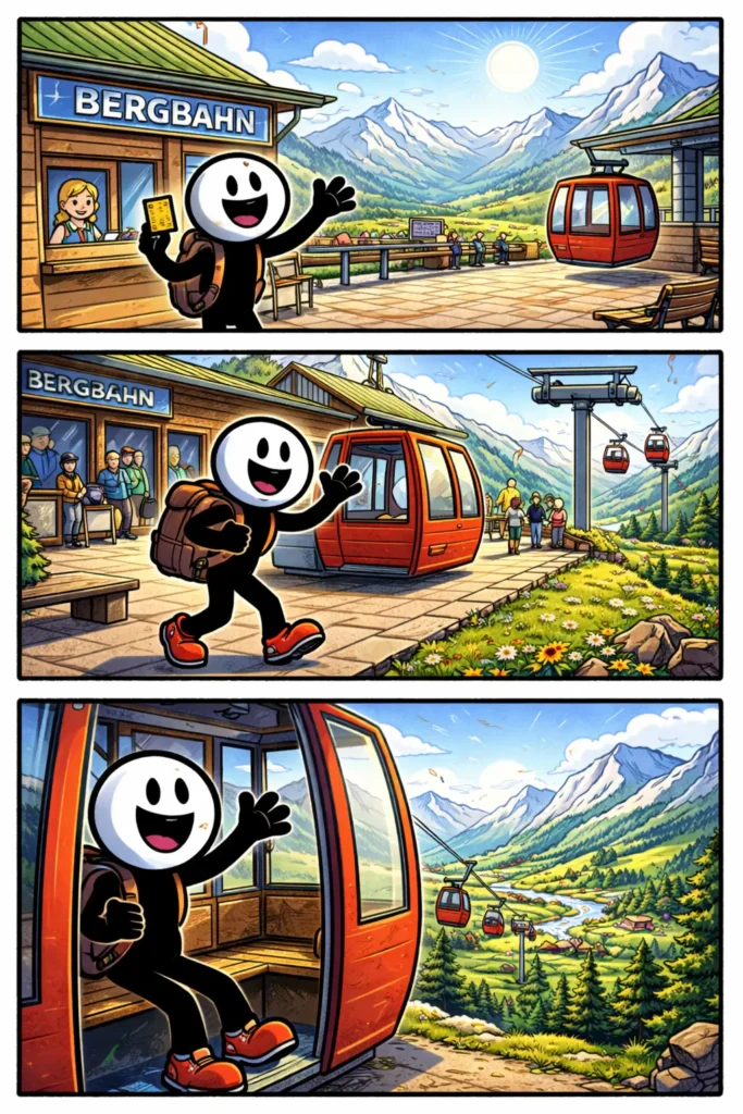 Stripafbeelding van een stickman in Toonwords-stijl bij een dalstation van een kabelbaan in het dal, in kleur, zonder tekst.