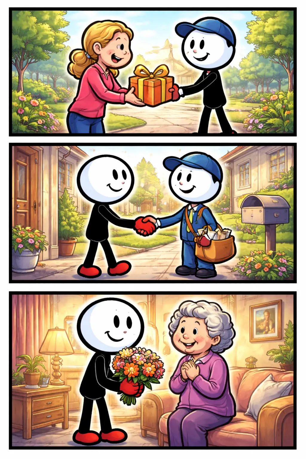 Stripafbeelding van een stickman die “Dank je” uitdrukt, eerst door hulp te ontvangen, daarna te glimlachen en tenslotte vriendelijk te bedanken.