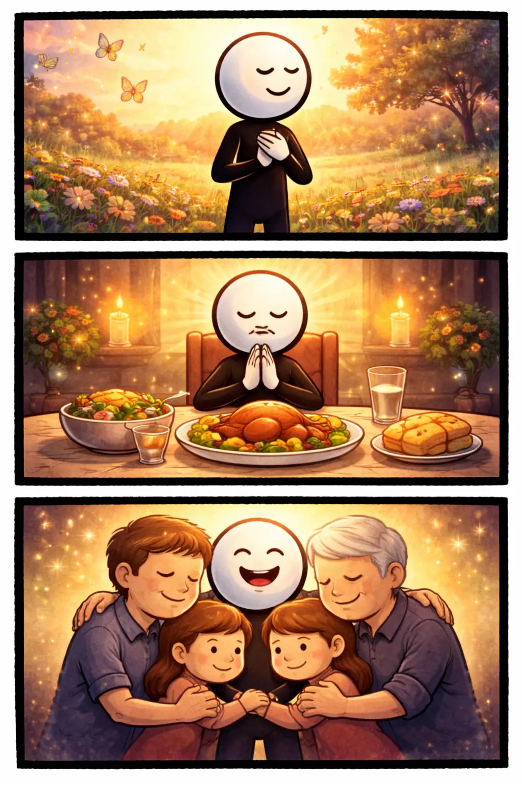 Driepanelenstrip met een stickman in Toonwords-stijl die het woord Dankbaarheid uitbeeldt door rustige momenten, open houding en warm licht.