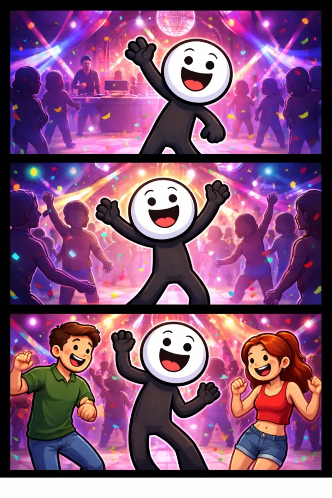 Stickman in Toonwords-stijl danst op een dansvloer met kleurrijke lichten en feestelijke sfeer, passend bij het woord Dansvloer.