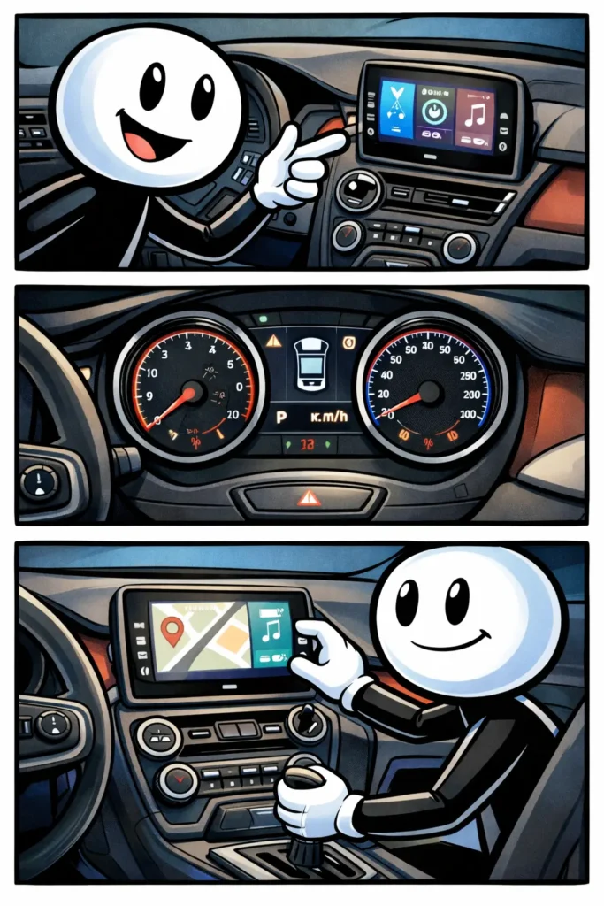Toonwords-strip van een stickman die het dashboard van een auto bekijkt met meters, knoppen en displays zichtbaar.