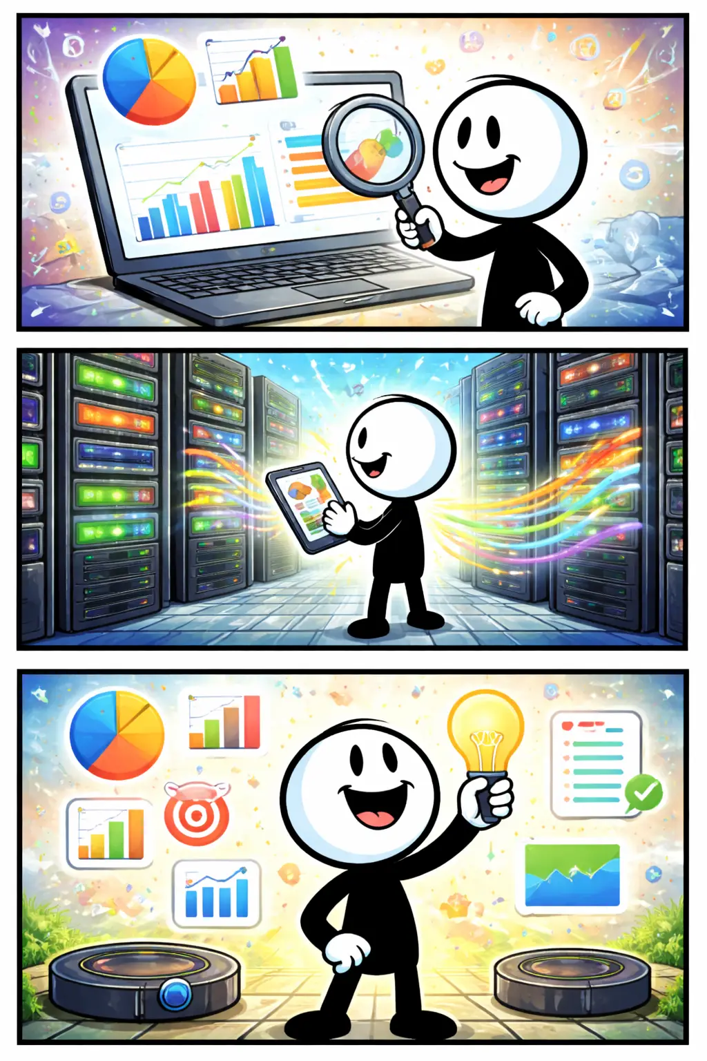 Drie-panelen stripafbeelding in Toonwords-stijl van een stickman die met data werkt en patronen ontdekt, zonder tekst.