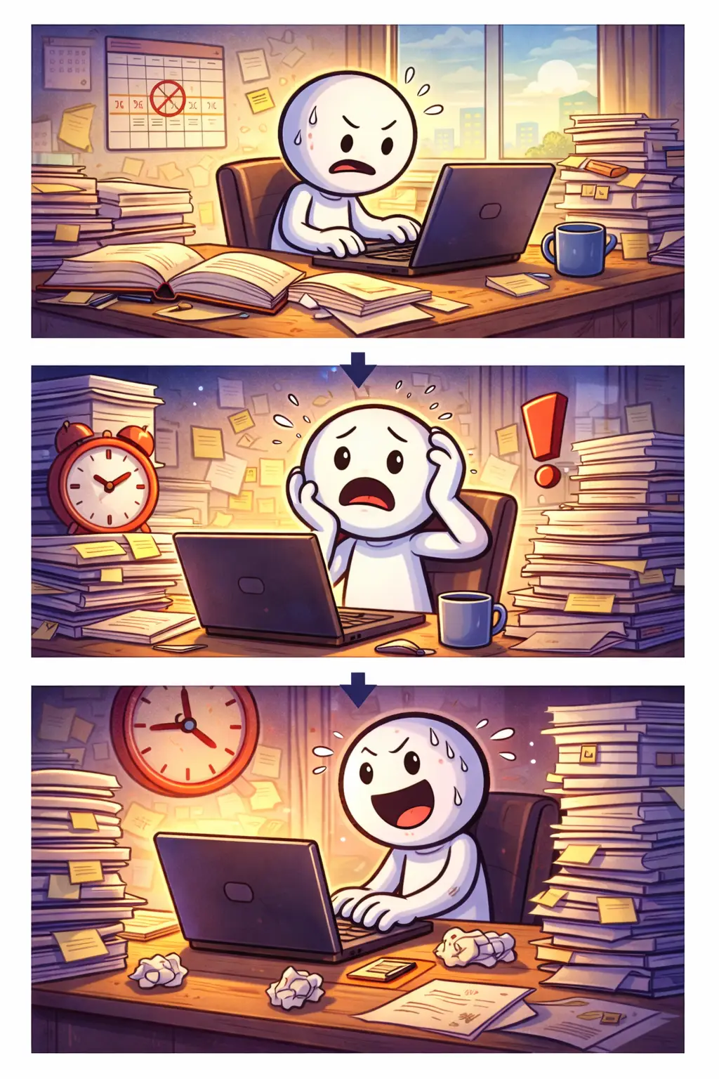 Stripafbeelding van een stickman in Toonwords-stijl die onder tijdsdruk werkt richting een deadline, met spanning en concentratie zichtbaar.