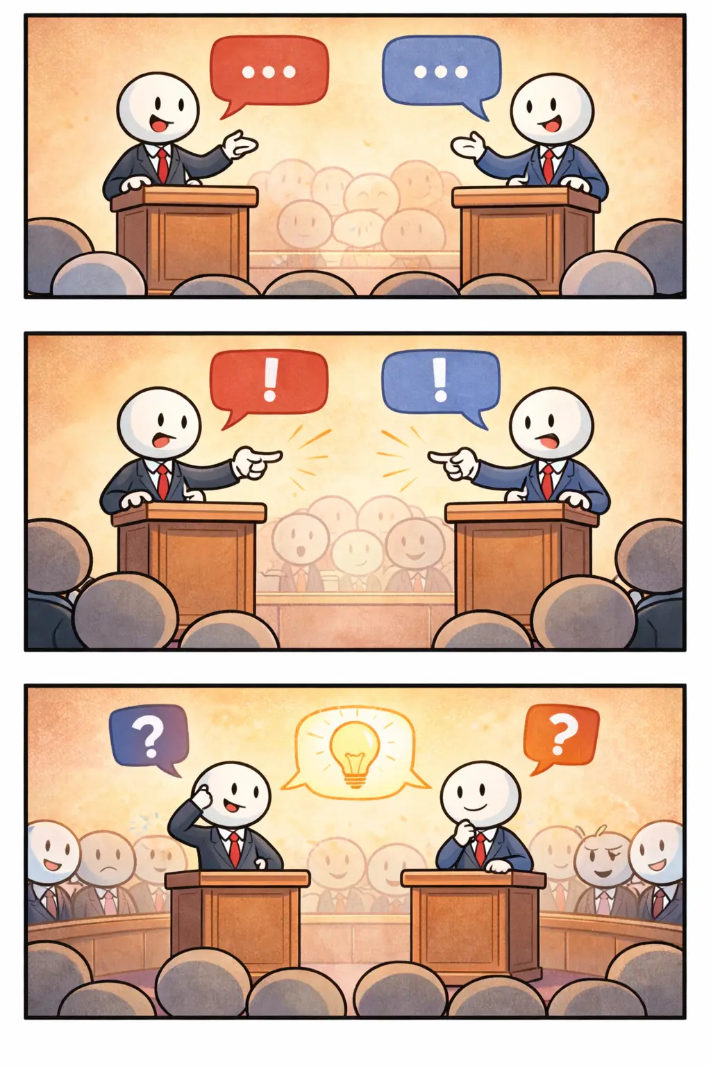 Driepanelige stripafbeelding met stickman in Toonwords-stijl over Debat, waarin mensen ideeën uitwisselen en samen nadenken.