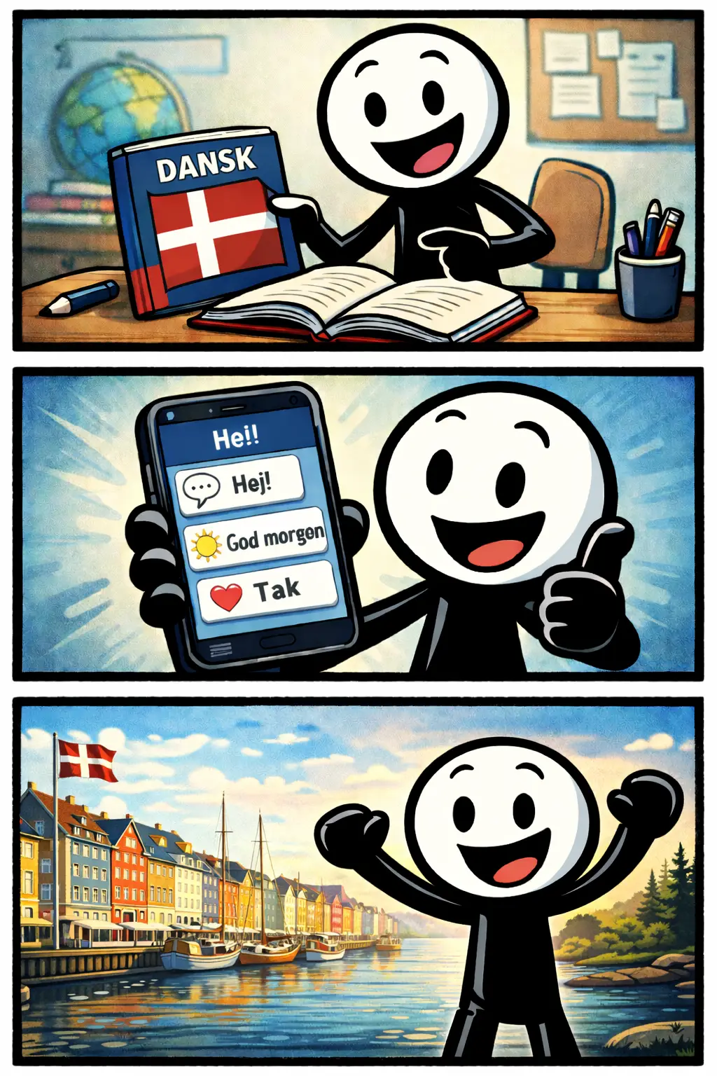 Strip van een stickman die de taal Deens leert met een studieboek, een leer-app en een herkenbaar Deens landschap.
Serie med en stregfigur, der lærer dansk med en lærebog, en sprogapp og et karakteristisk dansk landskab.