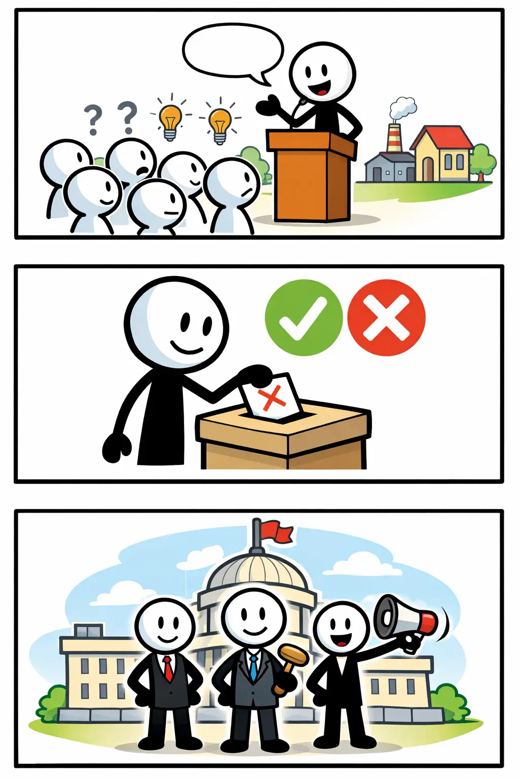 Driepanelige stripafbeelding met stickman in Toonwords-stijl die Democratie uitbeeldt door overleg, stemmen en bestuur.
