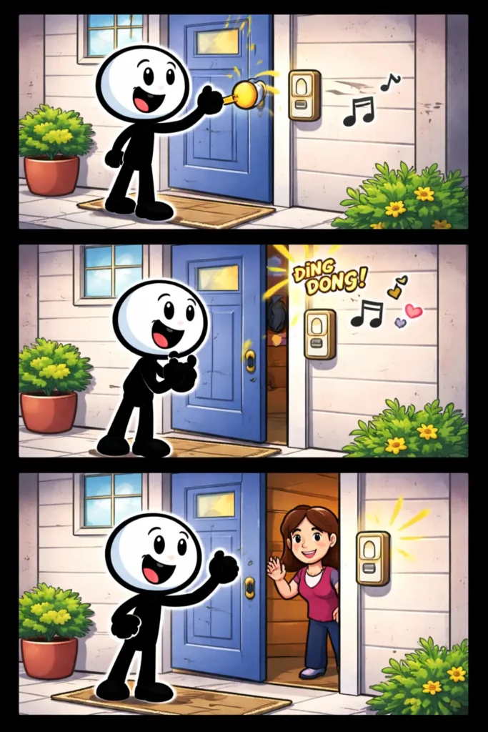 Toonwords-strip met een stickman die op een deurbel drukt bij het woord Deurbel.