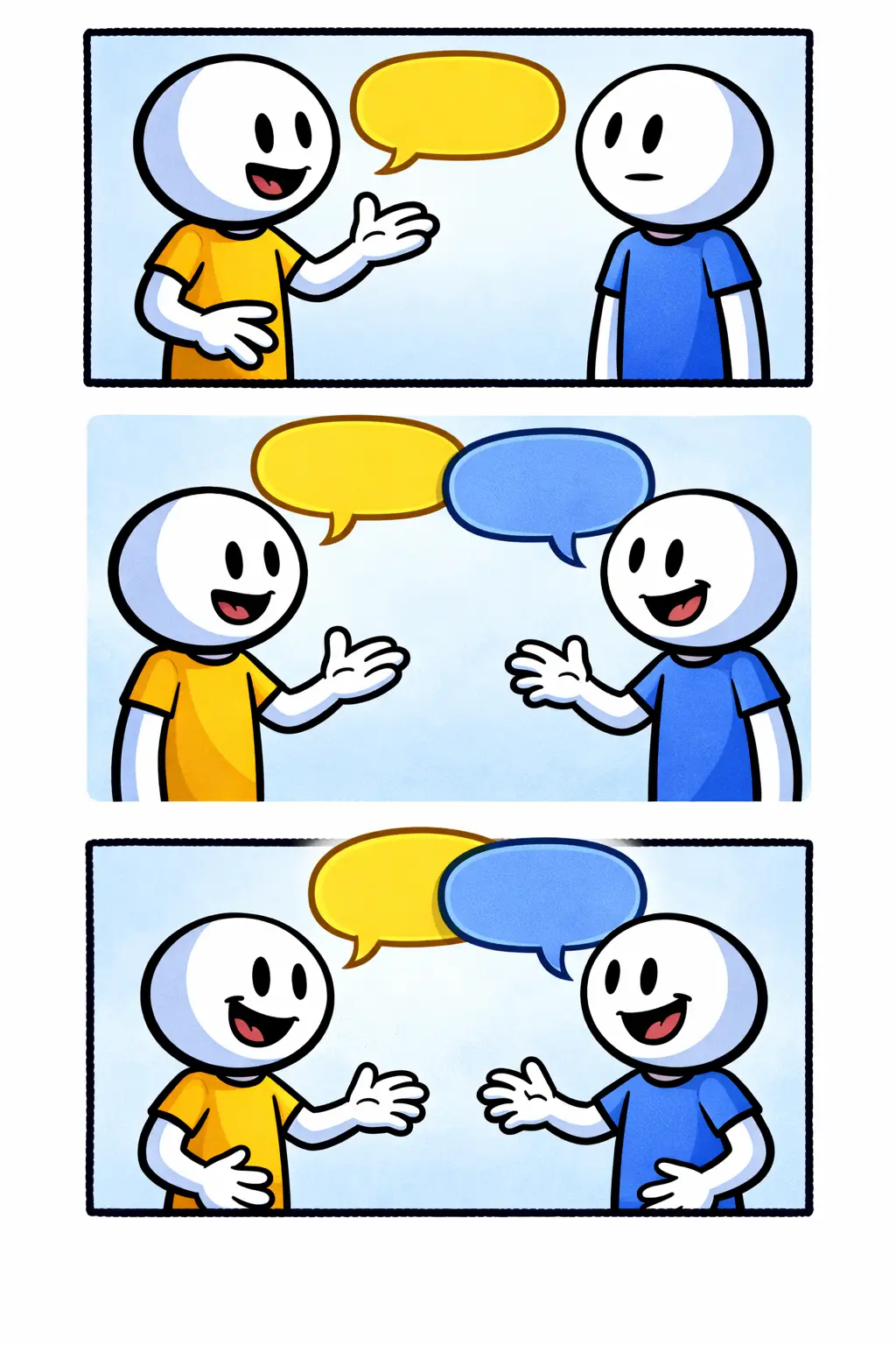 Stripafbeelding met drie panelen van een stickman in Toonwords-stijl die een dialoog laat zien tussen twee figuren, zonder tekst.