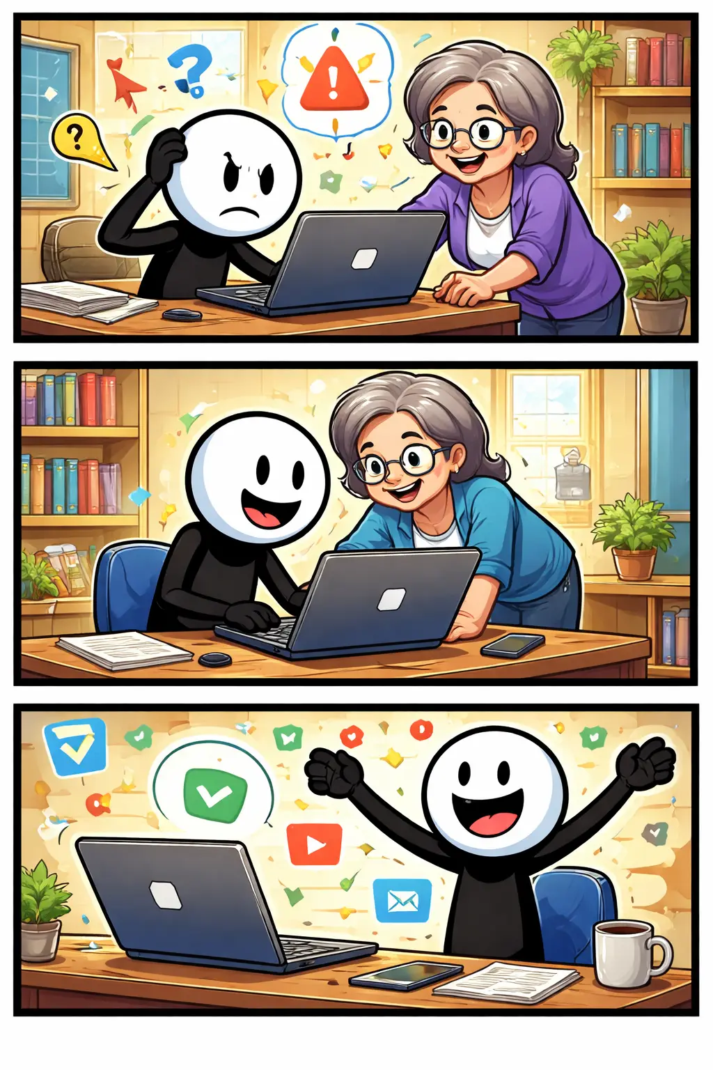 Een stickman krijgt hulp bij een laptop doordat hij een digibeet is.