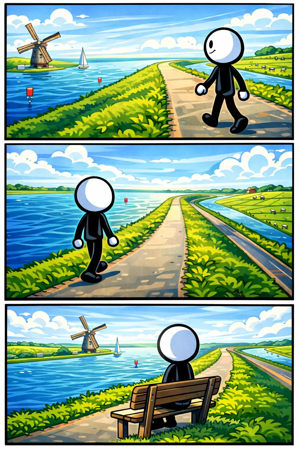 Stripafbeelding van een stickman op een dijk met water aan de ene kant en groen landschap aan de andere kant, passend bij het woord dijk.