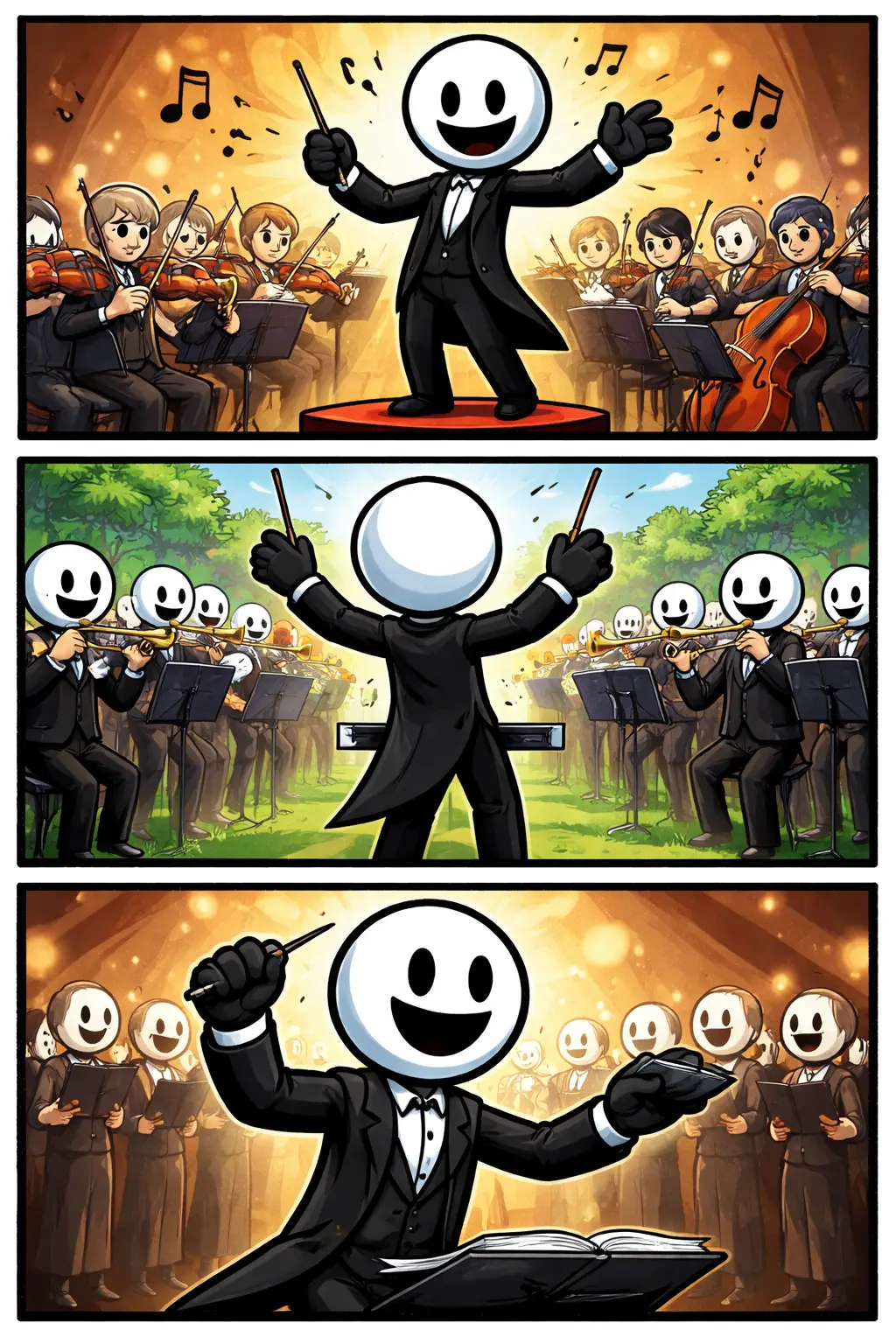 Drie Toonwords-panelen met een dirigent die een orkest, een buitenensemble en een koor dirigeert, in kleur en zonder tekst.