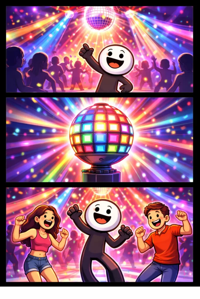 Stickman in Toonwords-stijl onder kleurrijk discolicht met draaiende lampen en feestelijke sfeer, passend bij het woord Discolicht.