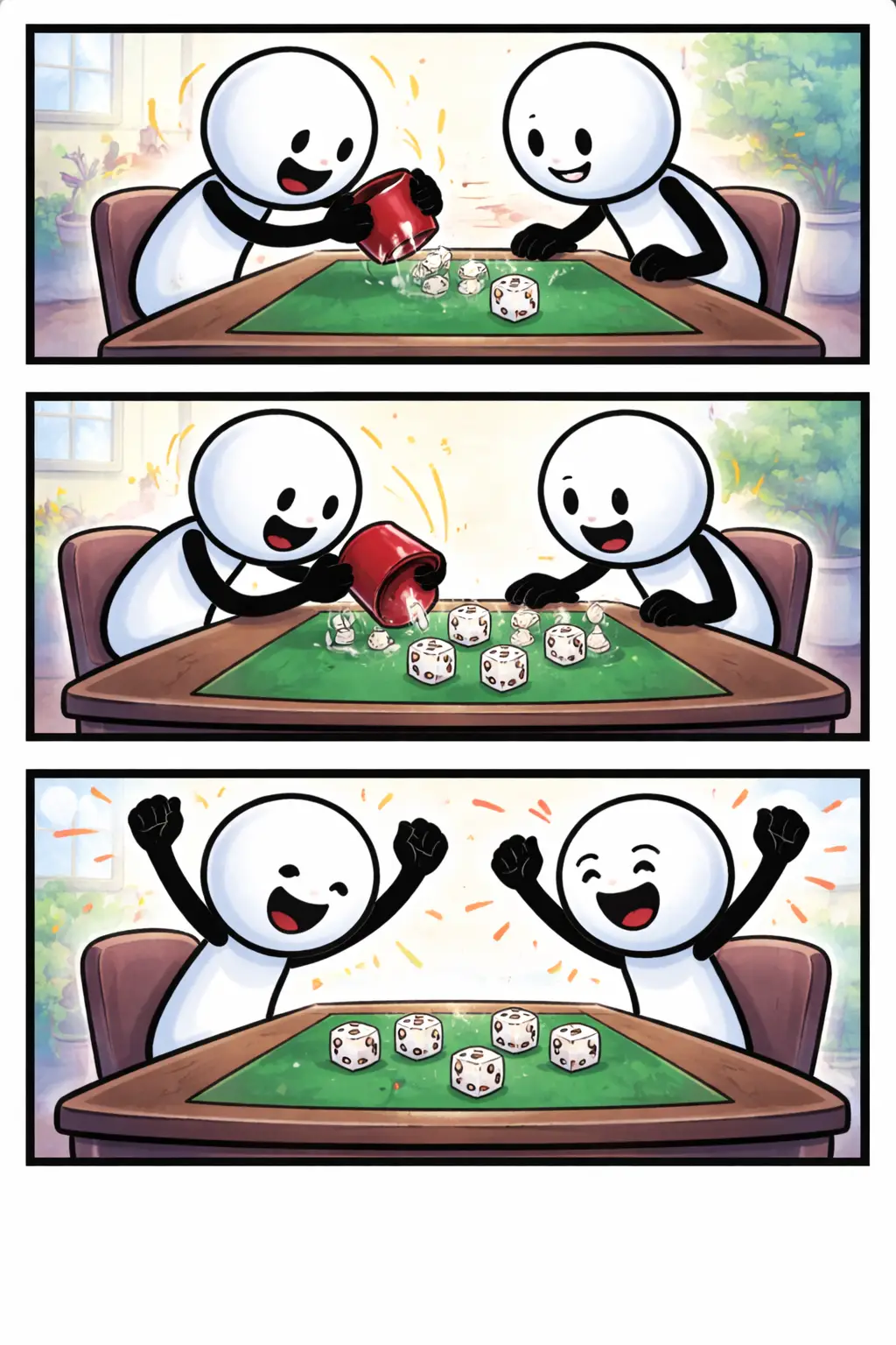 Stickman in Toonwords-stijl die naar een gekleurde dobbelsteen kijkt terwijl deze over de tafel rolt.