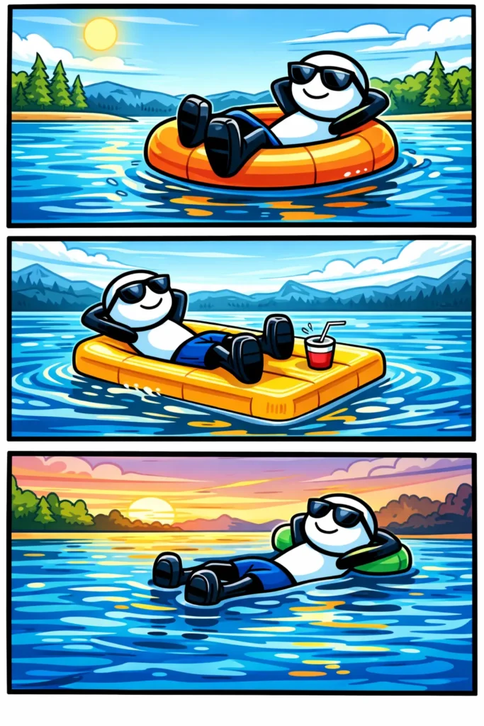 Drie-panelen stripafbeelding van een stickman die dobberen laat zien op het water in ontspannen houdingen.