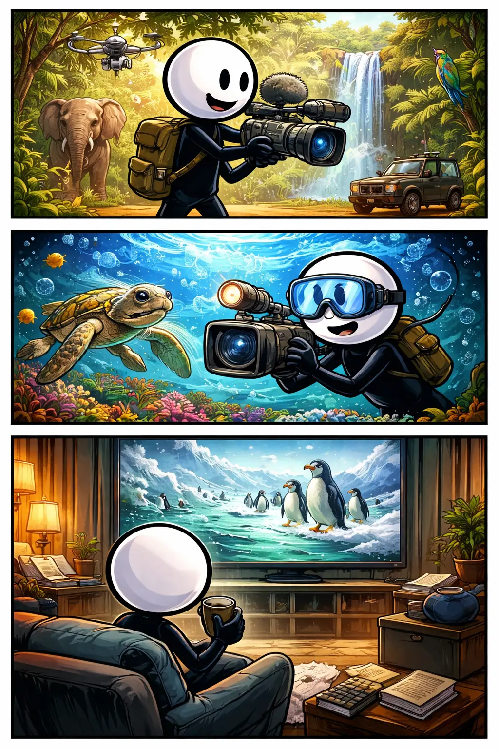 Toonwords-strip met een stickman in drie verticale panelen die verschillende camerastandpunten van een documentaire laat zien.