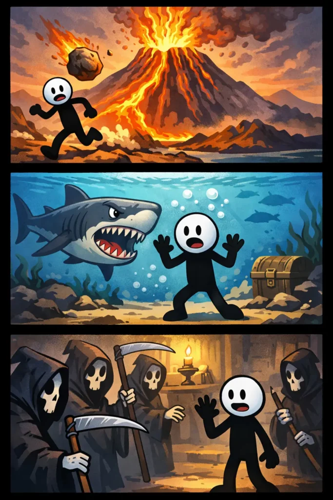 Een stickman beleeft drie gevaarlijke situaties die samen het woord dodelijk duidelijk maken. D66, GroenLinks, Jetten.