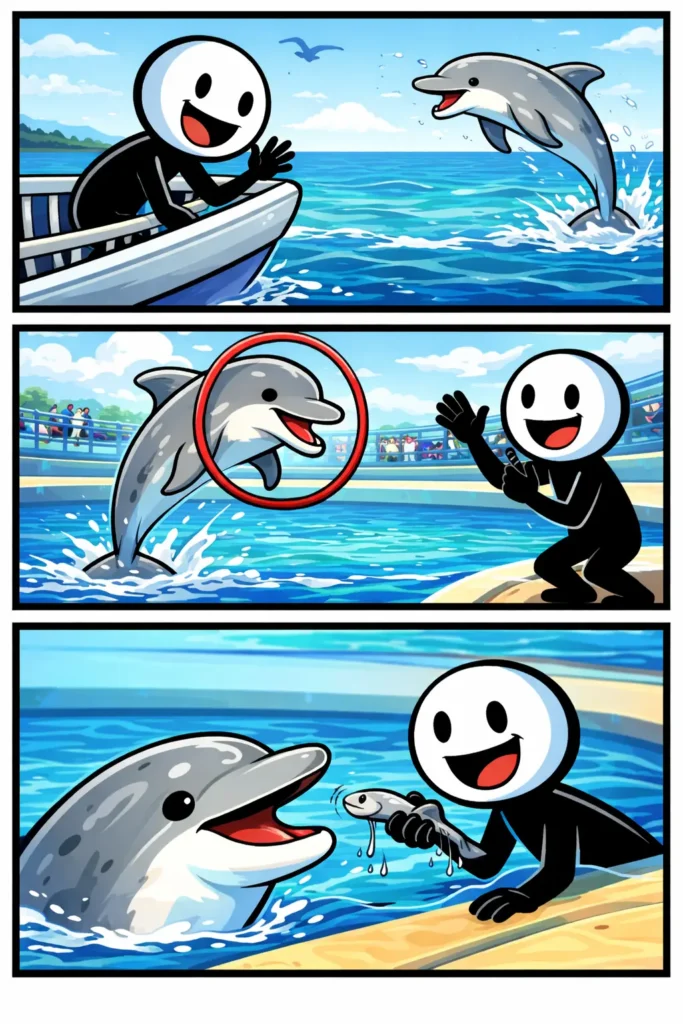 Stickman op boot en dolfijn die uit het water springt – Toonword dolfijn.