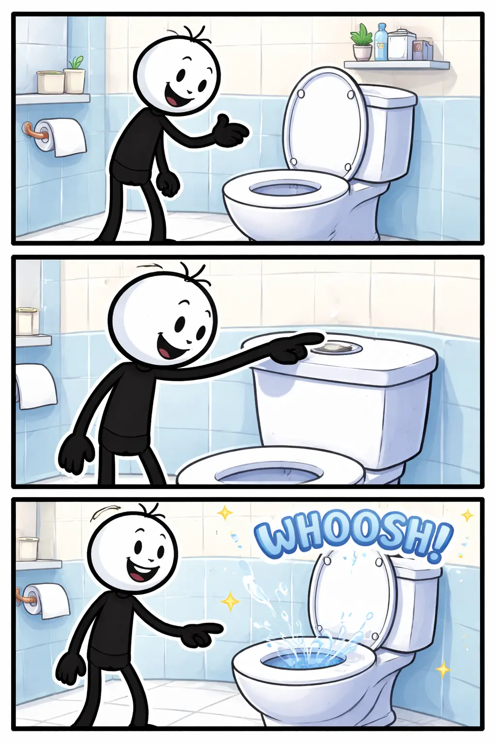 Stickman die het toilet doorspoelt in Toonwords-stijl.