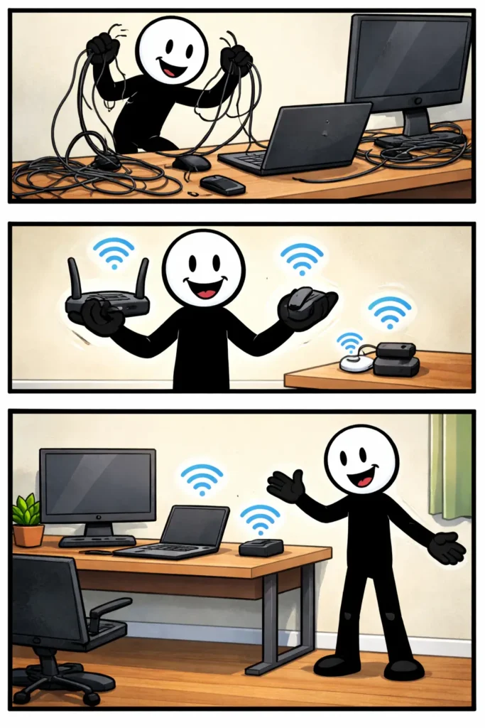 De stickman laat zien hoe apparaten draadloos werken zonder zichtbare kabels.