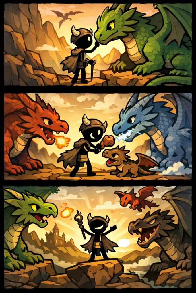 Stripafbeelding van een stickman als Drakenhoeder die tussen verschillende kleurrijke draken staat in een fantasiewereld.