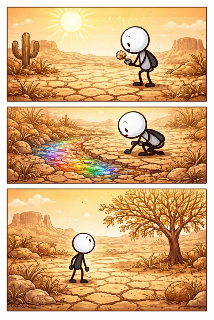 Toonwords-strip met een stickman in een droge omgeving met barstende grond en kleur, passend bij het woord Droog.