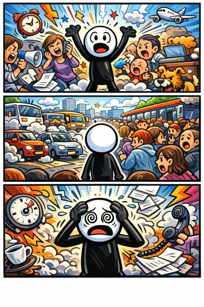 Stripafbeelding in Toonwords-stijl van een stickman die midden in de drukte staat, omringd door mensen, verkeer en prikkels die het gevoel van drukte laten zien.