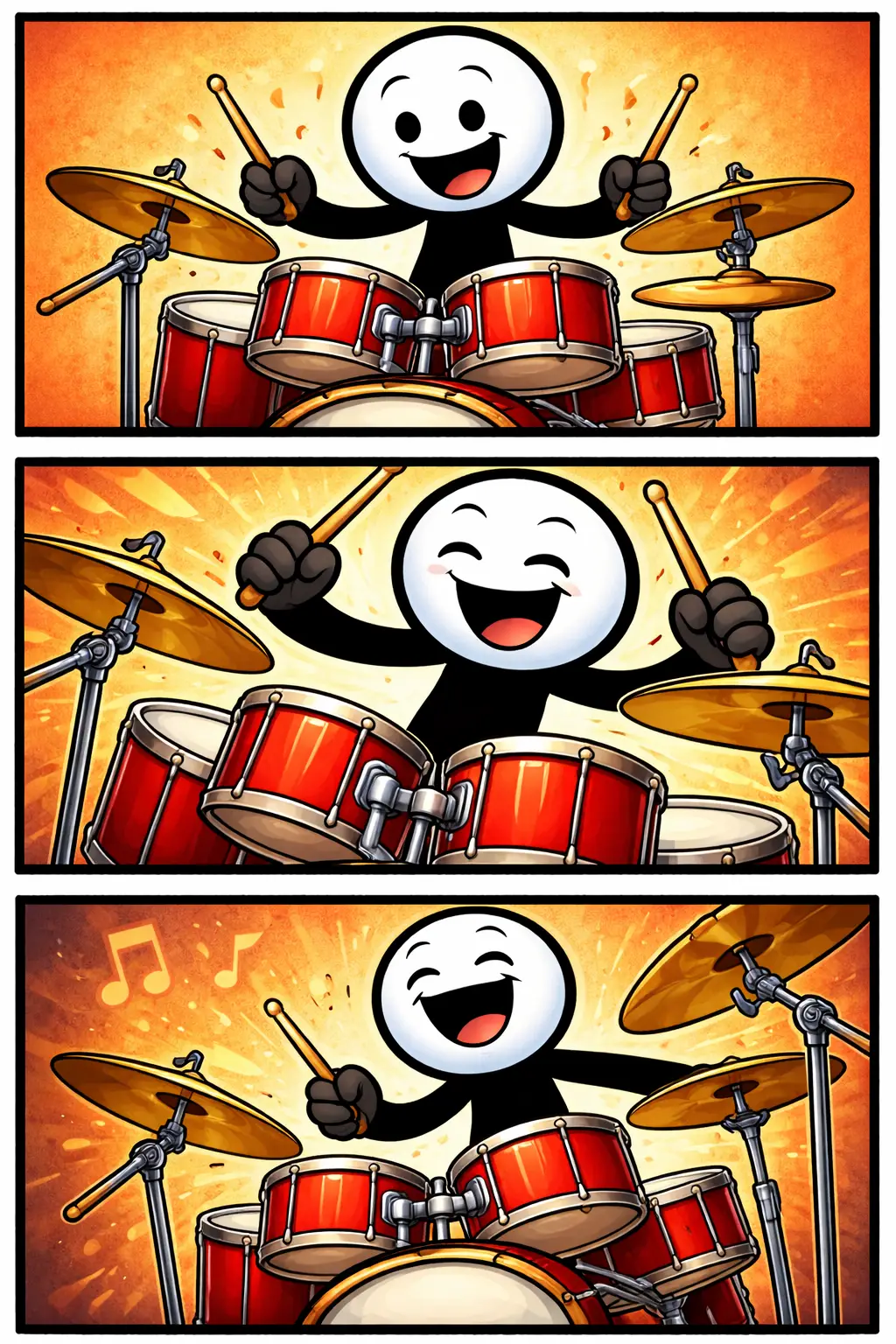 Stickman die een drumstel bespeelt in drie panelen, waarmee het Nederlandse woord drumstel wordt uitgebeeld.