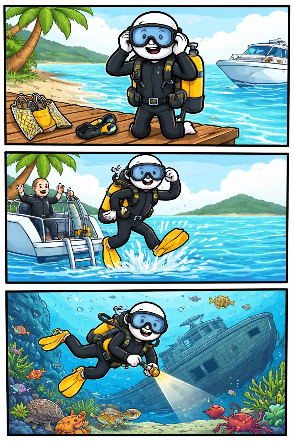 Stickman gaat duiken en verkent onder water een gezonken boot.