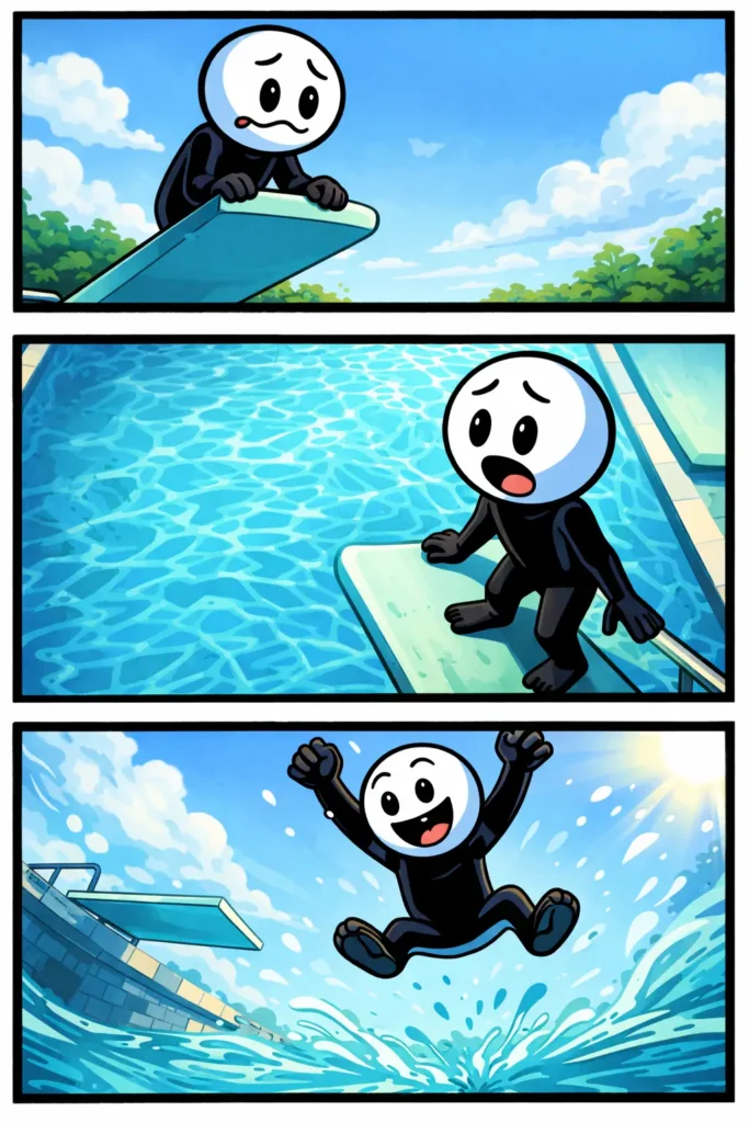 Een stickman in Toonwords-stijl die op een duikplank staat boven helder blauw zwembadwater.