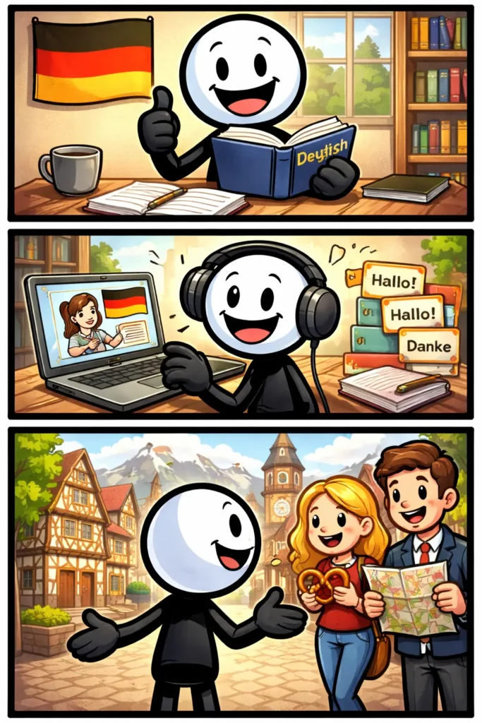 stripafbeelding van een stickman die het Nederlandse woord Duits uitbeeldt in drie kleurrijke panelen.