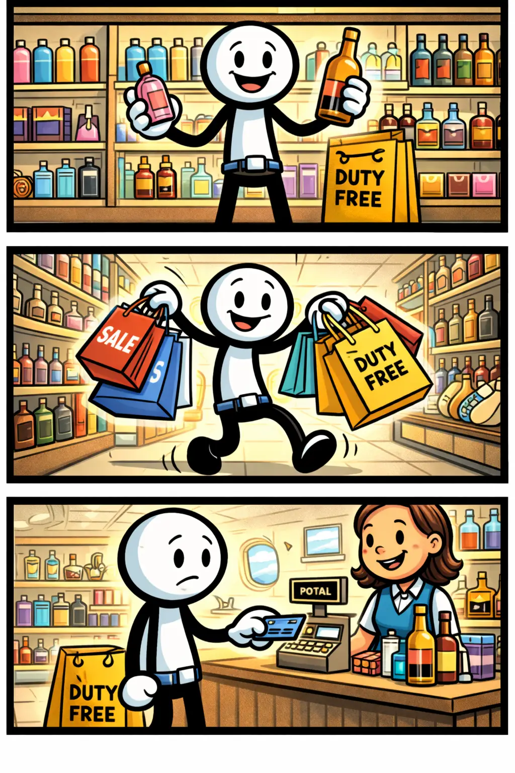 Stickman loopt en kijkt rond in de dutyfree-winkel op een luchthaven in drie opeenvolgende panelen.