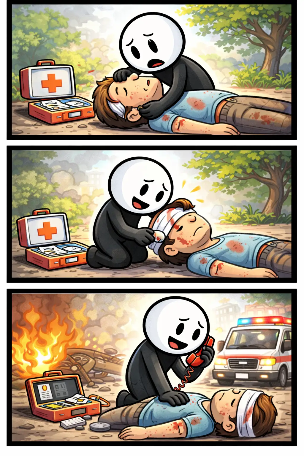 Stripafbeelding in Toonwords-stijl van een stickman die EHBO verleent aan een gewonde persoon in drie opeenvolgende panelen.