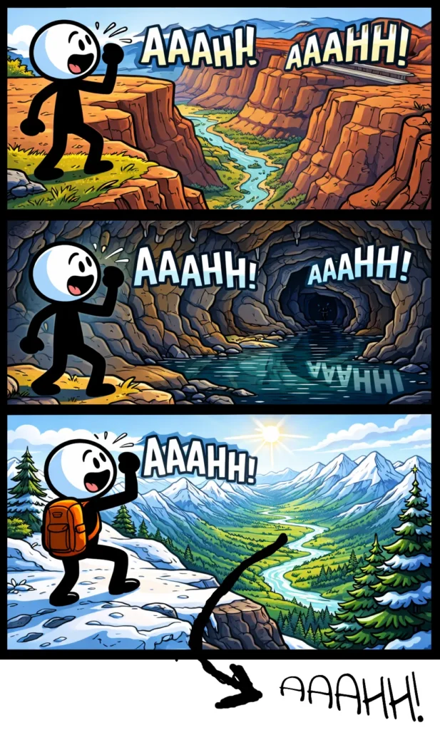 Drie verticale strippanelen met een stickman in Toonwords-stijl die een echo ervaart.