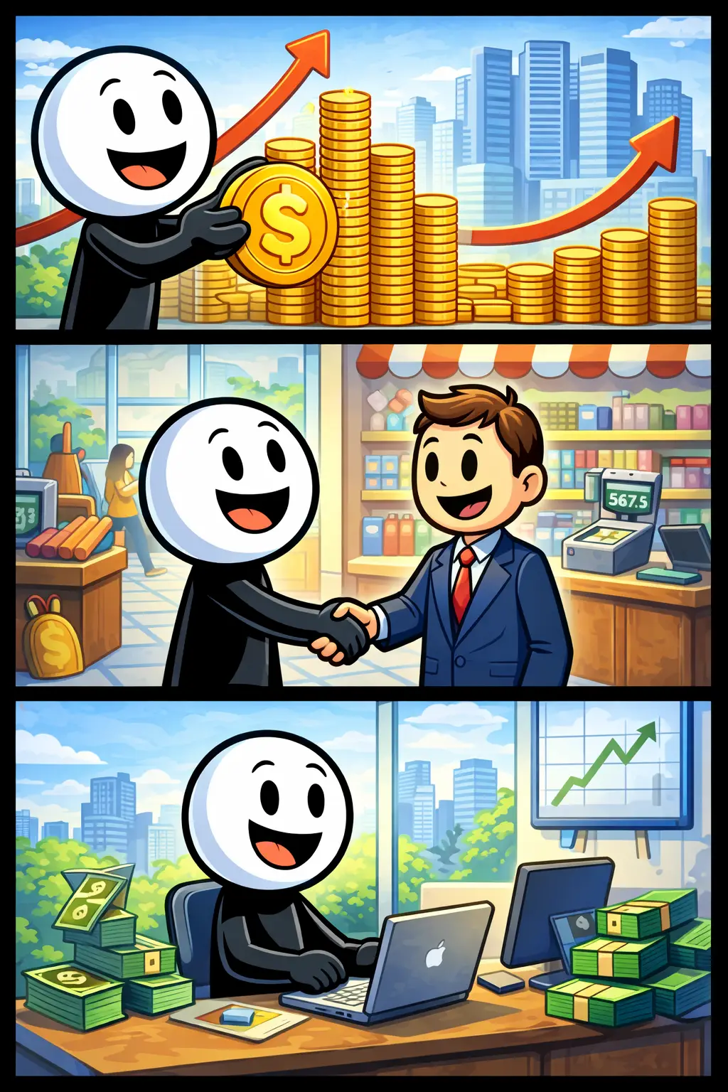 Strip van Economie: stickman toont in drie panelen onder elkaar hoe geld beweegt, hoe mensen handelen en hoe groei ontstaat.