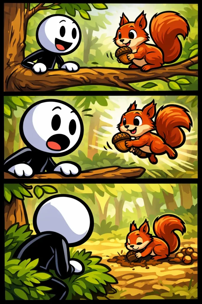 Een eekhoorn in Toonwords-stijl die vrolijk tussen takken beweegt.