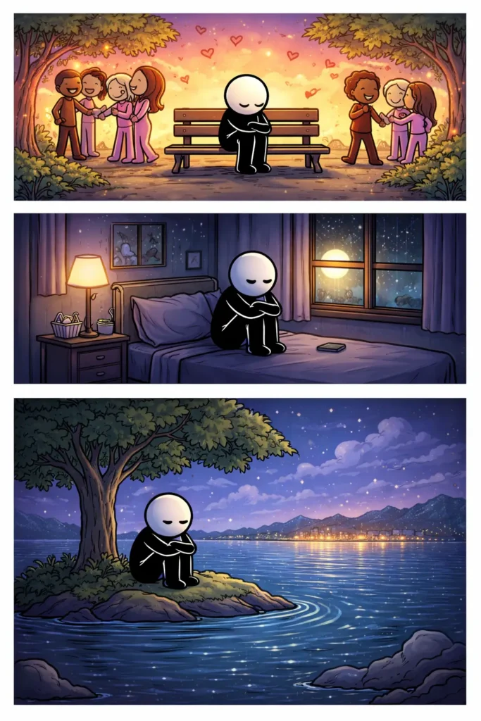 Drie panelen met een stickman in Toonwords-stijl die Eenzaamheid verbeeldt door alleen te zitten in verschillende omgevingen zonder contact.