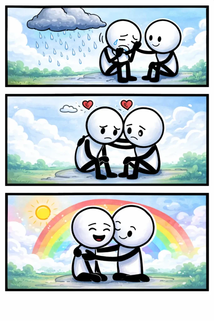 Drie-panelen stripafbeelding in Toonwords-stijl van twee stickman-figuurtjes die empathie tonen door troost, nabijheid en een warme omhelzing, passend bij het Nederlandse woord Empathie.