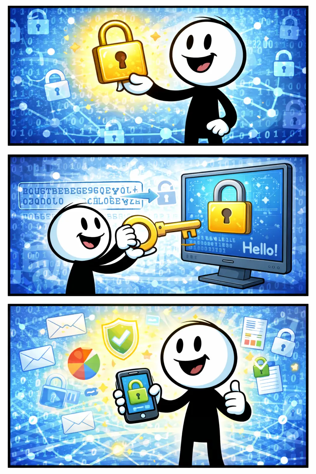 Drie-panelen stripafbeelding in Toonwords-stijl van een stickman die encryptie gebruikt om informatie te beveiligen, zonder tekst.