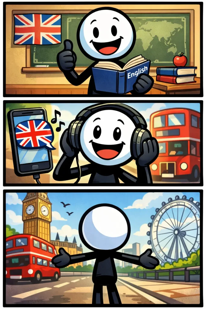 stripafbeelding van een stickman die het Nederlandse woord Engels uitbeeldt in drie kleurrijke panelen.