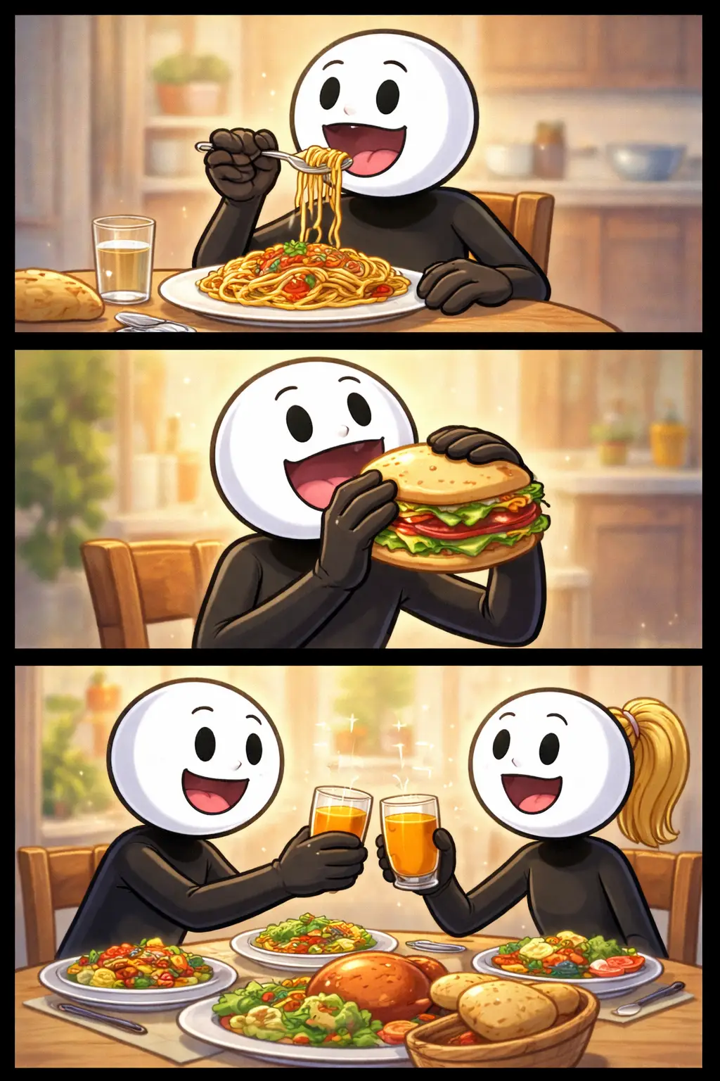 Toonwords-strip met een stickman die in drie panelen eet, kauwt en geniet van een maaltijd.