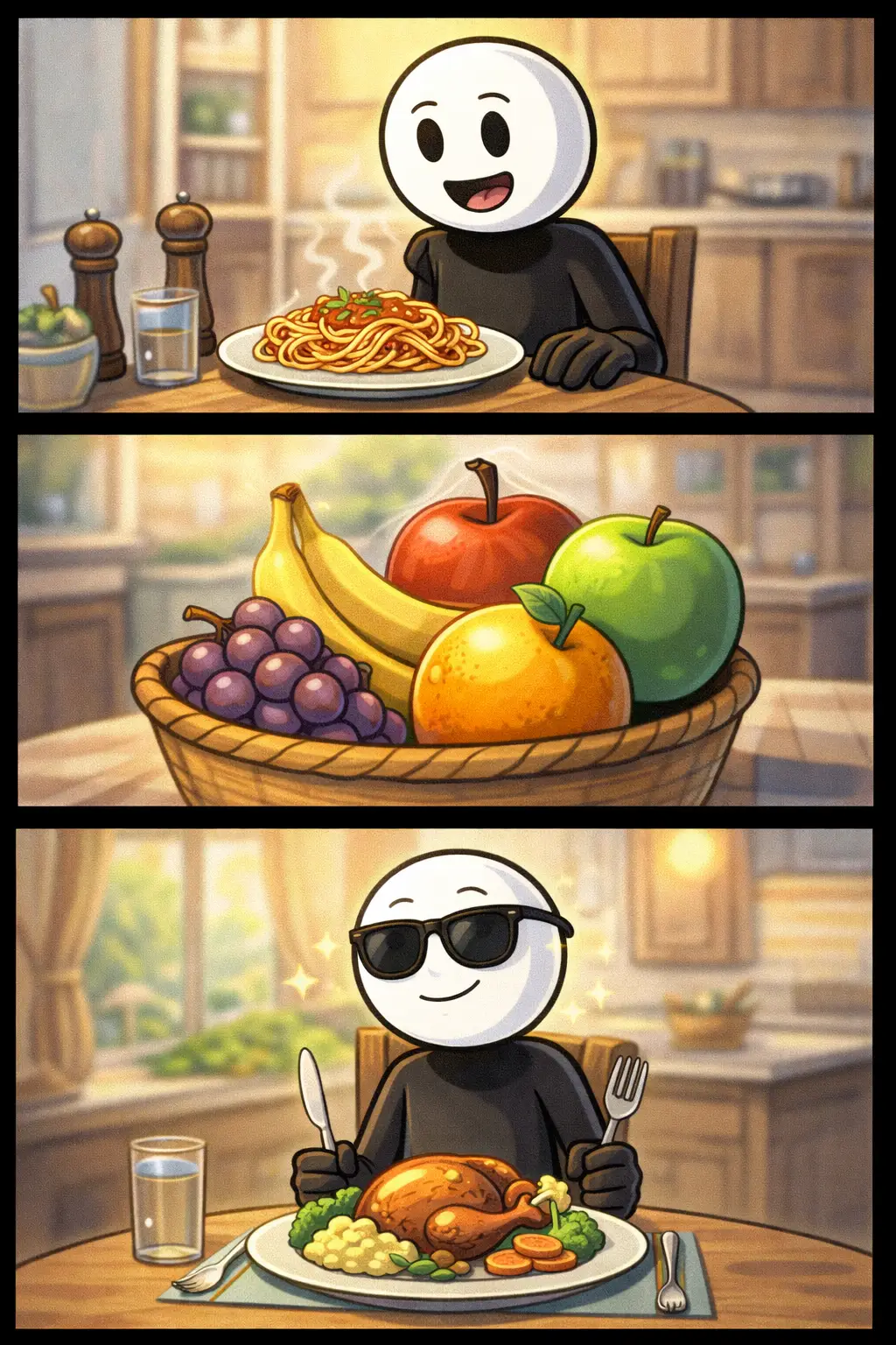 Toonwords-strip met een stickman die verschillende soorten eten op tafel ziet en bekijkt.