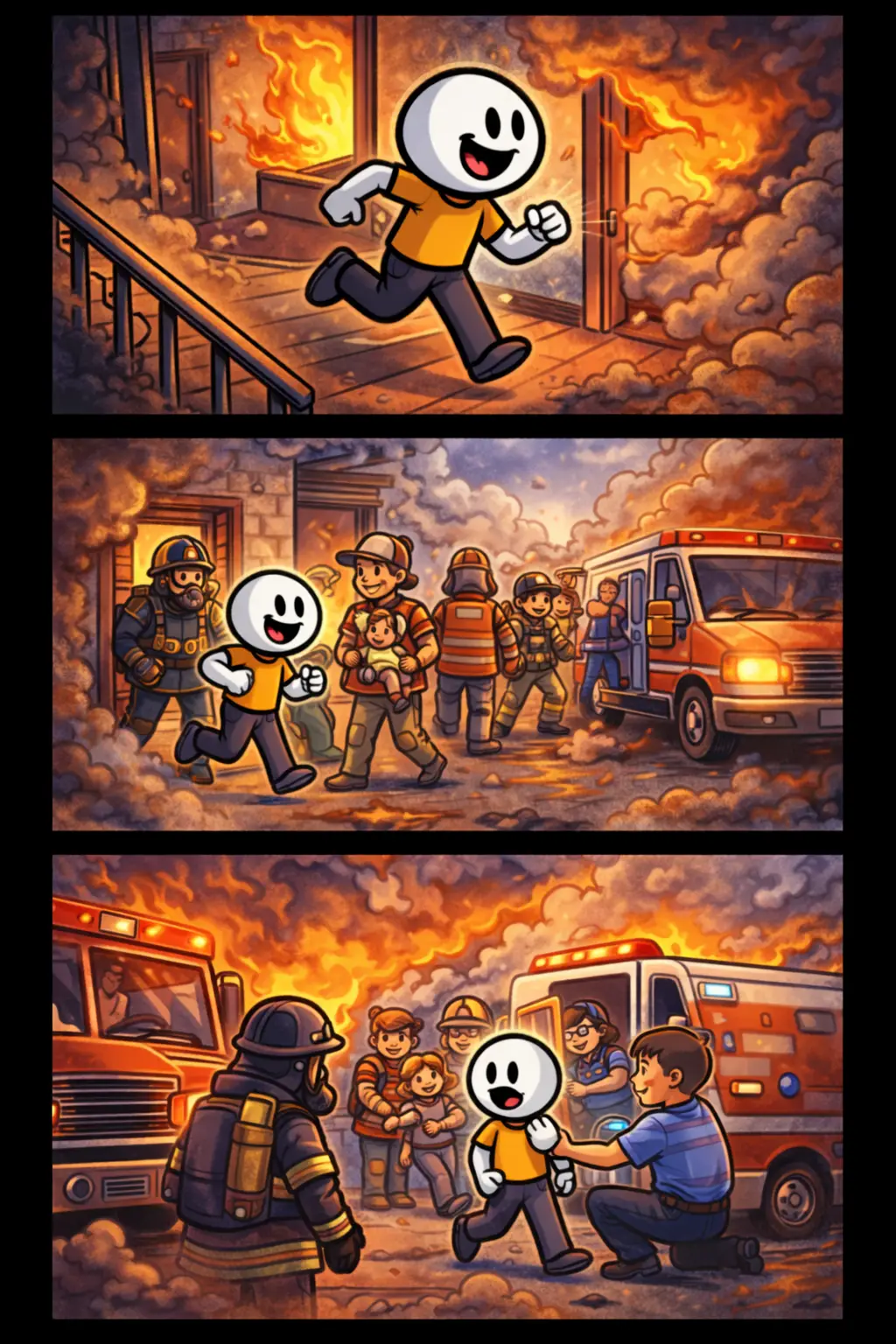 Stripafbeelding met drie panelen waarin een stickman tijdens een evacuatie een brandend gebouw verlaat en veilig wordt opgevangen.