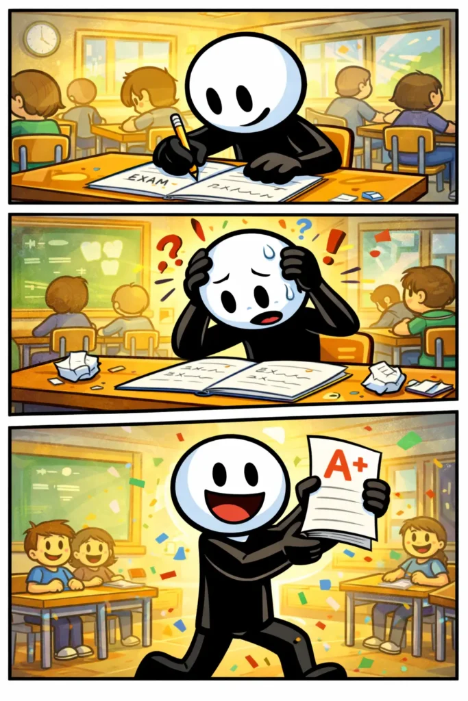 Toonwords-strip over een examen waarin een stickman spanning, twijfel en opluchting ervaart tijdens het maken van een examen.