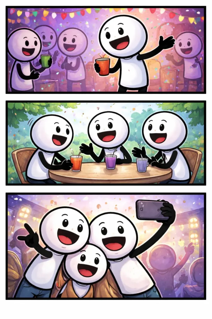 Drie-panelen stripafbeelding in Toonwords-stijl van een stickman die extravert is door enthousiast contact te maken met anderen, samen te lachen en zichtbaar energie te halen uit sociale situaties, passend bij het Nederlandse woord Extravert.