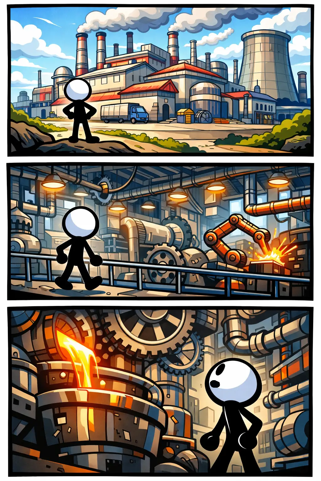 Toonwords-strip met een stickman bij een groot fabrieksgebouw met schoorstenen en industriële gevels.