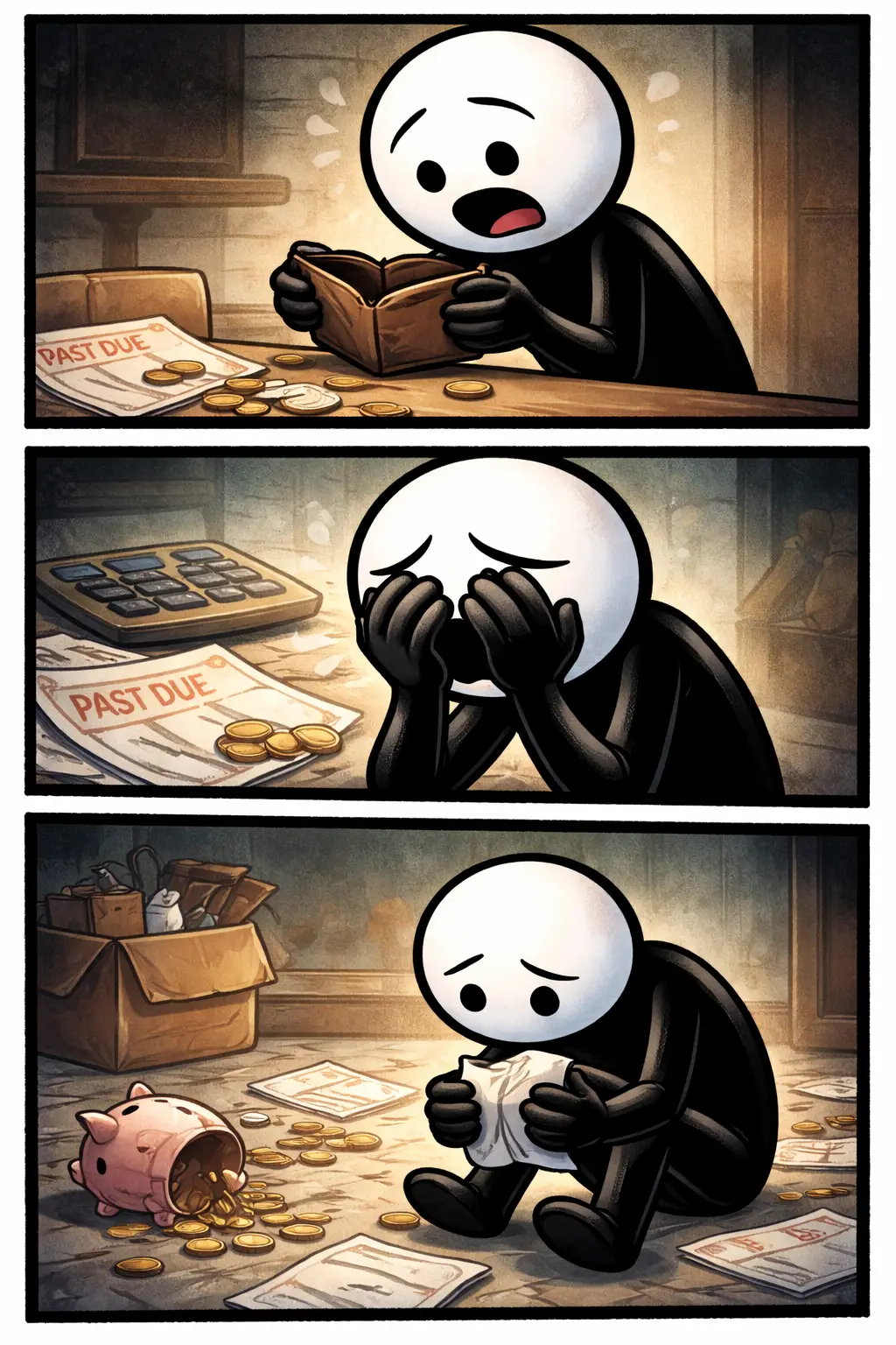 Stickman in Toonwords-stijl die een faillissement uitbeeldt in drie panelen.
