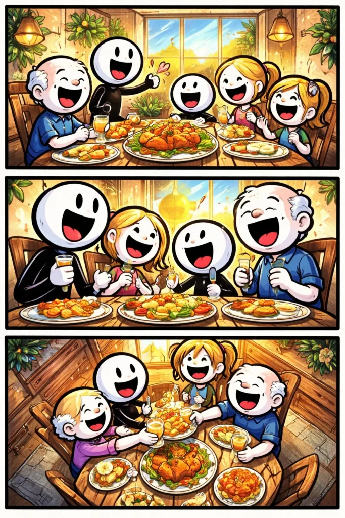 Illustratie in Toonwords-stijl van een familietafel met mensen eromheen, waarbij het Nederlandse woord “Familietafel” centraal staat.